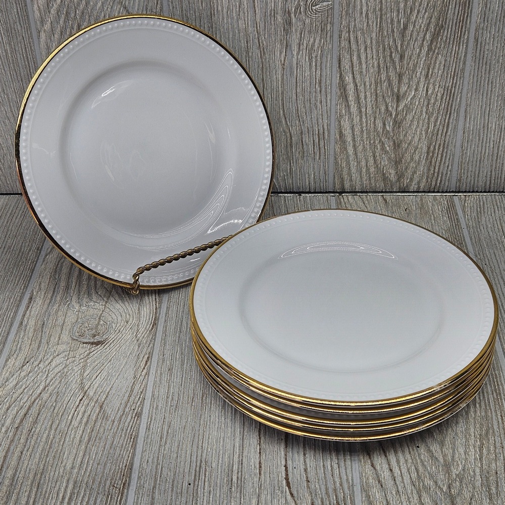 Pier 1 Gold Line Salad Plates Set of 6 White Ceramic Beaded Rim Gold Edge 7.75in